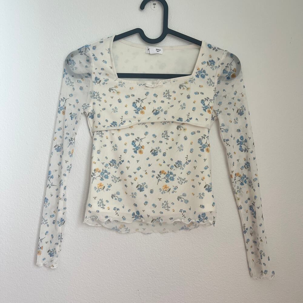 Stitch & Pine Girls Cream & Blue Floral Milkmaid-Style Top 7/8 Cottagecore Soft